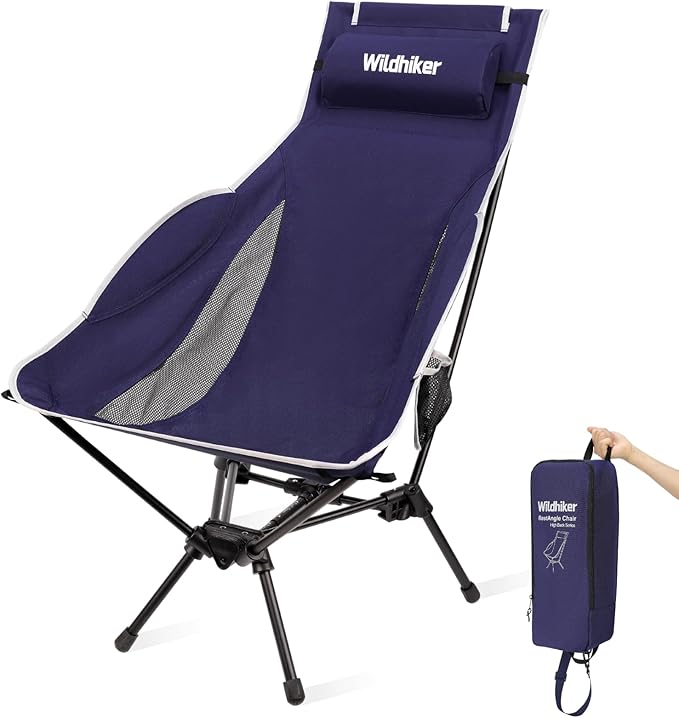 Wildhiker Portable Compact Folding Camping Chairs – Lightweight High Back with Pillow Deep Recline ArmPads Side Pockets-for Motorcycle RV Backpacking Travel Festival – Indigo Blue