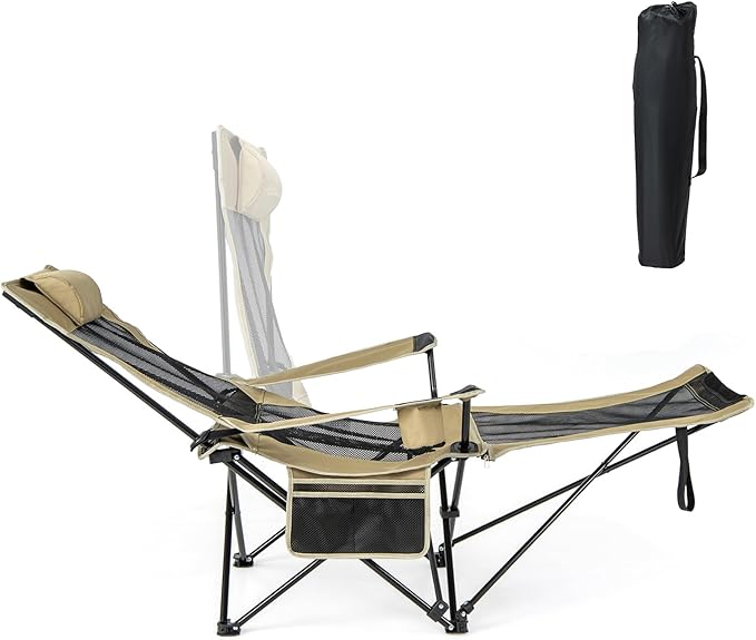 KOTEK Reclining Camping Chair Portable Lounge Chair with Removable Foot Rest Adjustable Backrest Cup Holder &amp Carry Bag Folding Camp Chair for Outdoor Traveling Fishing Hiking Picnic (1 Khaki