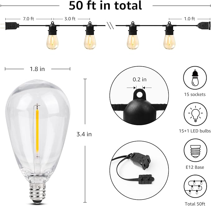 Lepro S14 Outdoor String Lights - 50ft with 15 Shatterproof LED Edison Bulbs Waterproof Bistro Lights for Deck Pergola Porch Garden Gazebo