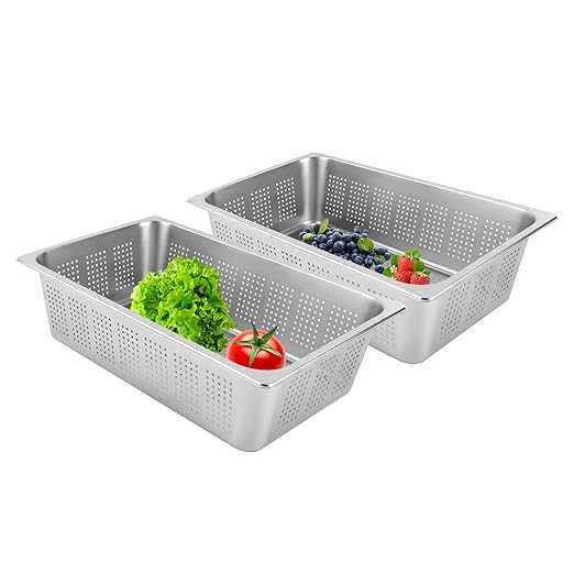 DYNAMI 2-Pack 6 Inch Deep Full Size Steam Table Pans Anti-Jam Perforated Stainless Steel Steam PansRestaurant and Commercial Stainless Steel Food Containers