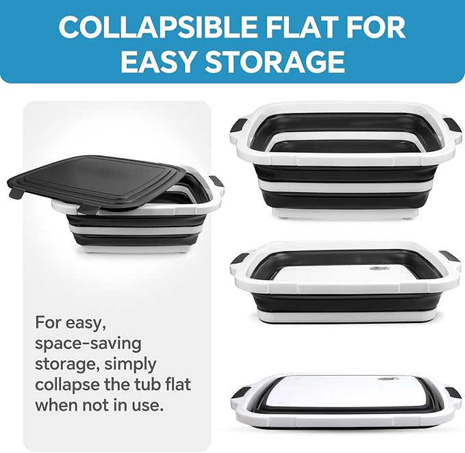 Collapsible BBQ Prep Tub for Meal Prep MarinatingFood Storage picnics camping barbecuescutting fruits and vegetables - Includes Cutting Board and Locking Lid(X-Large) Black