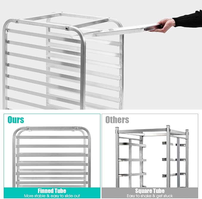 ReunionG 10 Tier Bun Pan Rack Bakery Rack with 2 Lockable Wheels 10 Sheet Aluminum Storage Cooling Trolley with Open Shelf Dough Pizza Baking Mobile Rack for Home Commercial