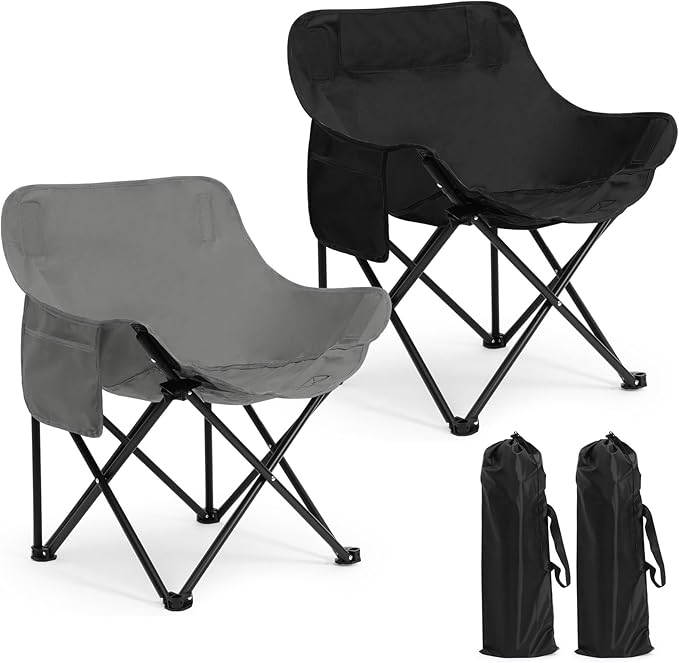 2 Pack Compact Camping Chairs Portable Folding for Outside with Carry Bag Lightweight Moon Chairs for Travel Picnic Hiking Beach Fishing 600D Oxford Supports 330lbs(Grey Black)