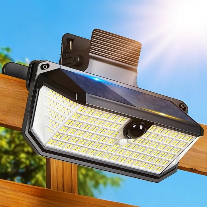 416LEDs Clip on Solar Lights Outdoor1-Second Install Solar Flood Lights300° Wide Angle &amp 3 Lighting Modes Motion Sensor Outdoor Light for Patio Fence Yard Deck Garage (1)