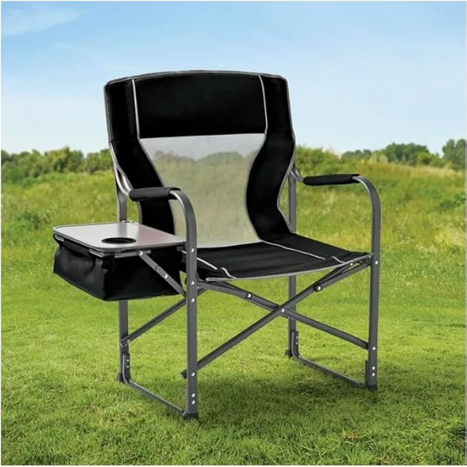 Folding Director's Chair with Side Table and Cooler Heavy-Duty Camping Chair 33.73W x 37.3H inches (Black Soot)
