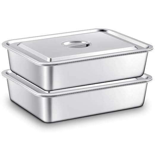 2 Pcs Stainless Steel Bus Tubs with Lid 13 L Commercial Tote Box 4 Deep Food Grade Meat Processing Tubs Lug Dishwashing Utility Prep Tub Table Pans Silver (17.7 x 13.7 Inch)