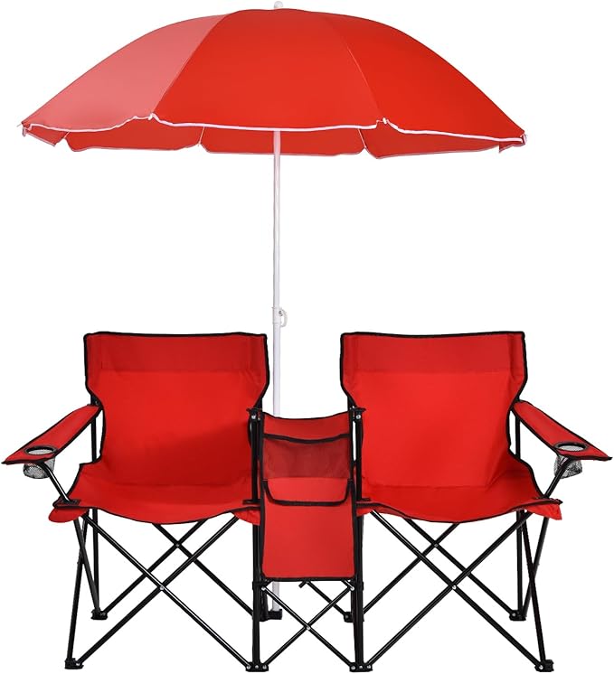 MAT EXPERT Folding Double Camp Chair w/Removable Umbrella Portable Picnic Chair w/Mini Table Chair Set w/Beverage Holder Portable Loveseat Camp Chairs for Beach Backyard Poolside (Red)