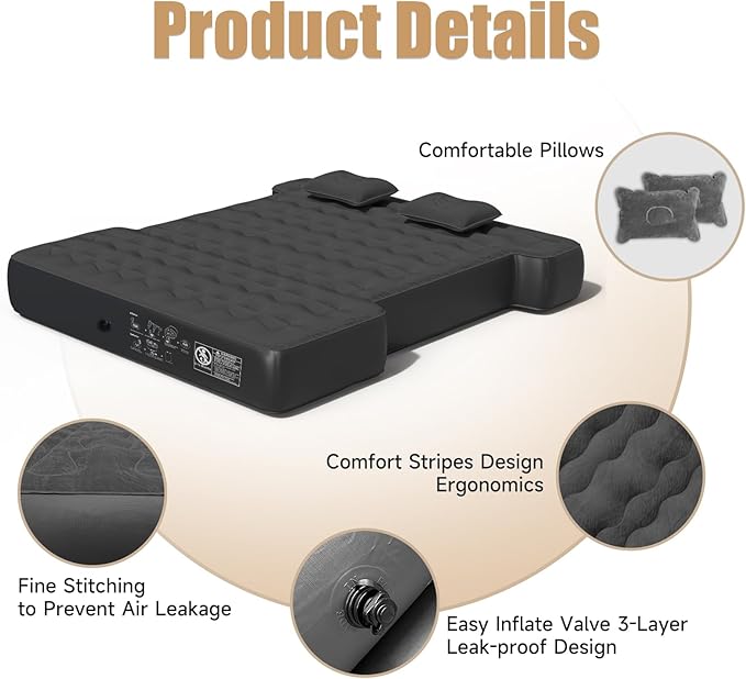 Truck Bed Mattress Truck Bed Air Mattress for 5.5-5.8ft Full Size Short Beds Inflatable Camping Air Mattress Truck Tent Accessories with Pump &amp Carry Bag(A-Black)