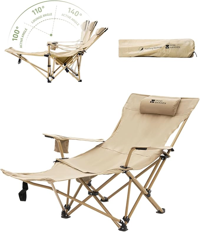 MOBI GARDEN Reclining Camping Chair with Foot Rest 4-Position Adjustable Folding Lounge Chair for Adults Portable &amp Detachable Footrest – Sand - Solid Back