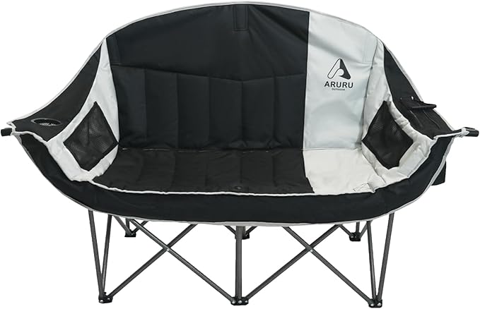 Double Camping Chair with Cooler Oversized Heavy Duty Loveseat for Adults Portable Folding 2 Person Camp Couch Padded Comfortable Two Seat for Outdoor Beach Lawn Tailgating Sports (Black Grey)