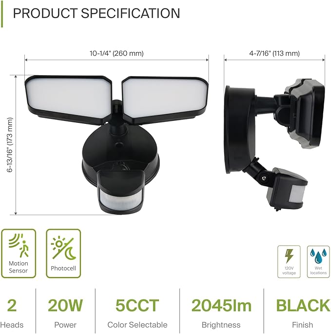 ASD LED Motion Sensor Outdoor Lights 20W 5CCT Backyard Flood Lights Outdoor Dusk to Dawn Motion Lights for Outside with Photocell Wired Security Lighting for Porch House Garage UL DLC Black