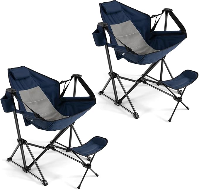 GYMAX Hammock Camping Chair Folding Camp Chair with Detachable Footrest Adjustable Backrest Pillow Cup Holder &amp Carry Bag Portable Rocking Camping Chairs for Beach Lawn Fishing (2 Navy)