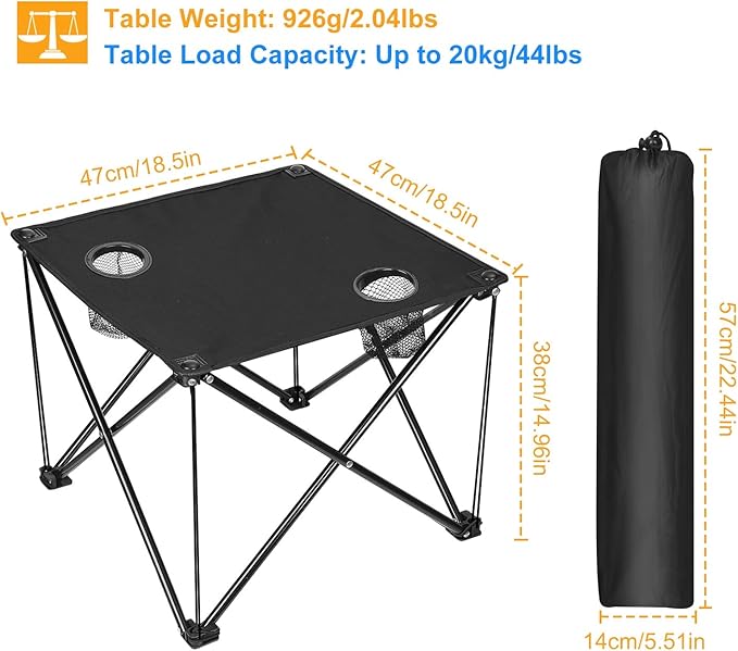 Foldable Camping Table Portable Beach Table Lightweight Picnic Table with Carry Bag Cup Holder Outdoor Travel Desk for Camping Hiking Picnics BBQs Beach Trips (Black)