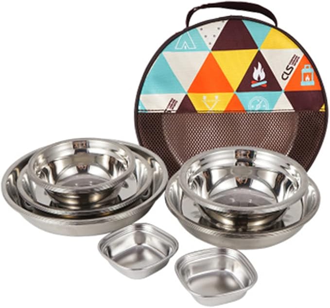 BESPORTBLE 1 Set Portable Stainless Steel Camping Dishes Complete Outdoor Dining Tools with Bowl Plate and Utensils for Travel Hiking and Picnics Includes Storage Bag for Easy Carrying