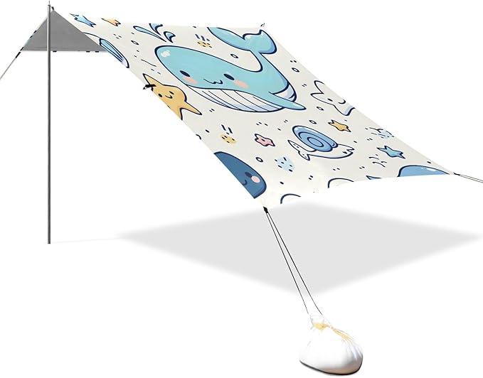 Cute Line Whales Little Stars Shells Camping Sun Shelter Beach Tent Portable Beach Sun Shade Outdoor Canopy for Camping Trips Fishing Picnic