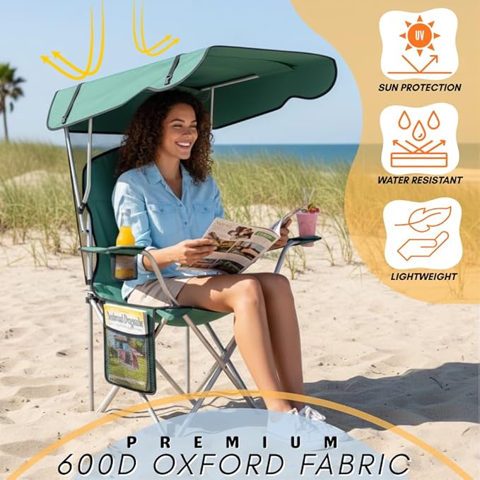 Portable Folding Camping Chairs with Canopy Shade Beach Chair for Adults Durable Weather Resistant 600D Oxford Cloth Camping Chair with Canopy for Outdoors [Green]