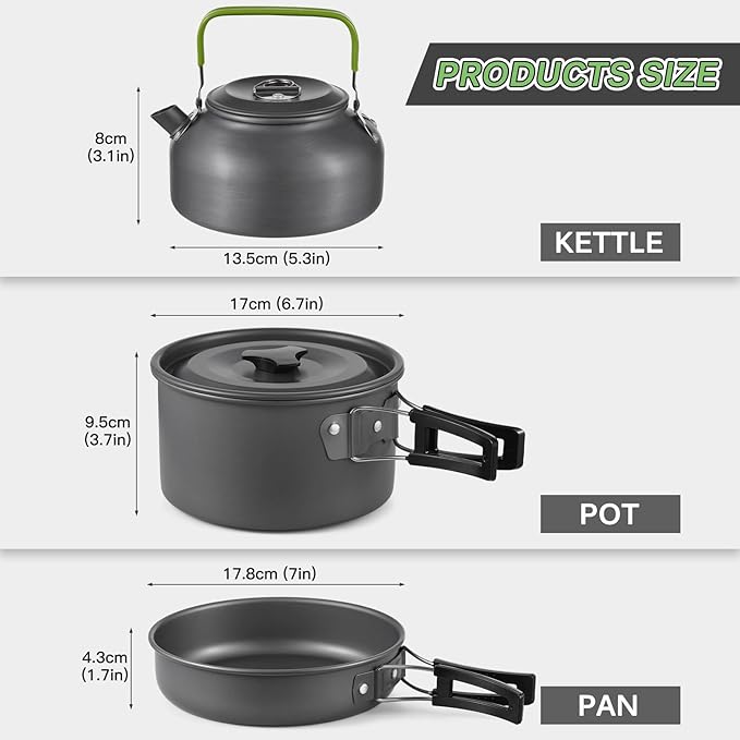 Camping Cookware Mess Kit Lightweight Aluminum Alloy Includes Pot Pan Kettle Dishes Cups Utensils Folding Bucket and Carrying Bag - Compact Outdoor Cooking Set for Hiking