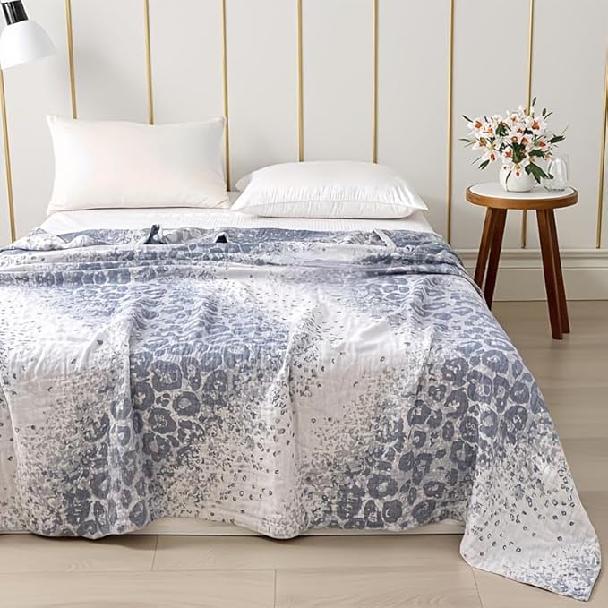ITFRO Leopard Cooling 3 Layer Cotton Muslin Blanket for Hot Sleepers 80x92 Inches Lightweight Breathable Reversible Summer Camping Blanket All Seasons for Couch Sofa Bed (Leopard Blue 80x92)
