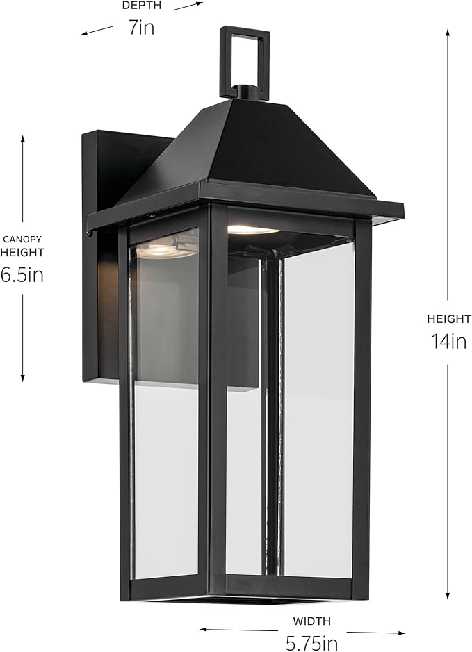 Kichler Prin 1-Light Outdoor DarkSky Wall Light Updated Traditional Light with Clear Glass in Black for Porch Patio or Garage (14 x 5.75) 59157BKDS