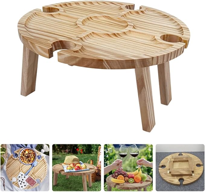 ARTIBETTER Folding Picnic Table with Bottle Rack Wooden Beach Table Mini Foldable Low Camping Desk for Travel and BBQ