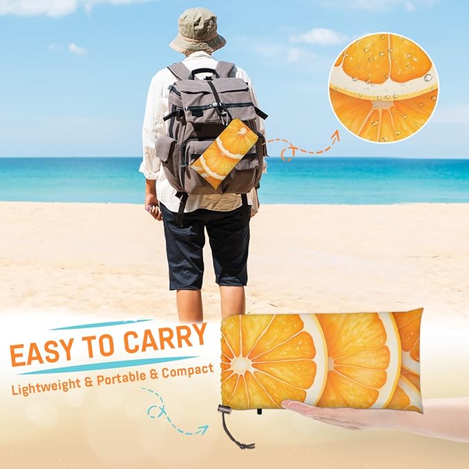 Waterproof Sandproof Beach Blanket 59''×68'' Fruit Polyester Outdoor Picnic Blanket with 4 Stakes &amp Storage Bag for BeachCampingVacation Lemon