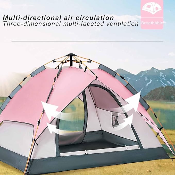 Pop Up Tent Pink Instant Pop Up Tents for Camping for 3-4 Person Portable Easy Setup Oxford Cloth Fiberglass Poles for Camping Hiking