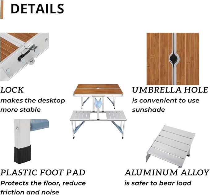 4Ft Folding Camping Picnic Table with 4 Chairs with Umbrella Hole Lightweight Suitcase Card Table-220 Lbs Support Aluminum Frame Plastic RV Tabletop for Outdoor Party Beach and Backyard
