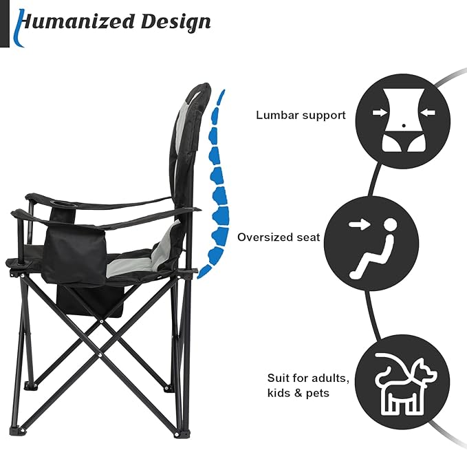 VINGLI Outdoor Camping Chair with Cooler Cup Holder Side Pocket Portable Padded Camping Lawn Chairs for Adults Folding Chair with Carry Bag Heavy Duty Support 400lbs