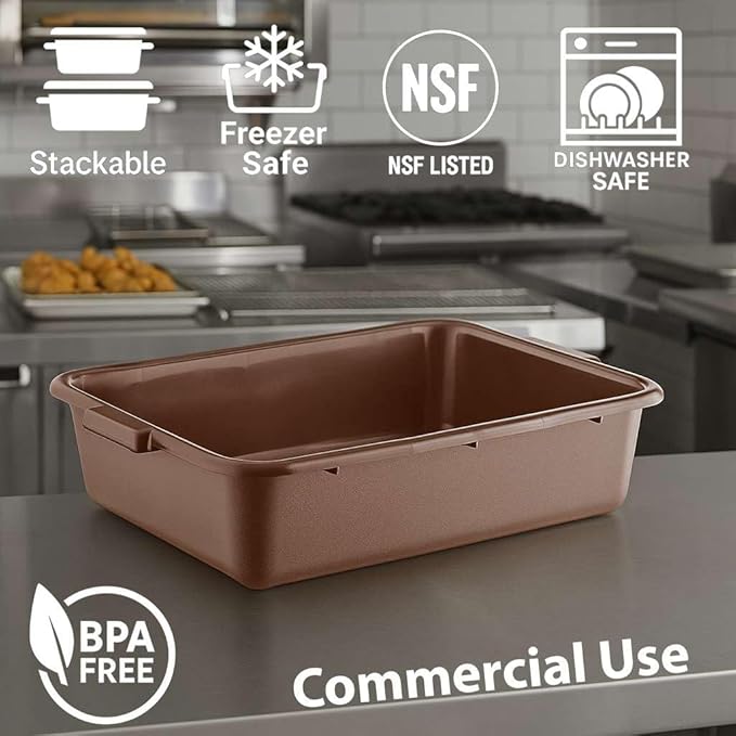 6-Pack 20 x 15 x 5 Commercial Bus Tub/Bus Box - 6.5 Gallons without Lid - Heavy-Duty Polypropylene Dish Box for Restaurants Kitchens and Foodservice - Stackable and Freezer-Safe - Brown