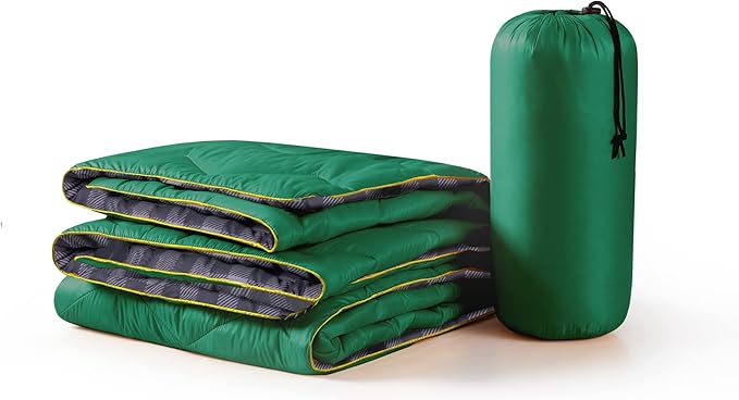 UNIKOME Waterproof Puffy Camping Blanket - Lightweight Packable Outdoor Quilt with Corner Loops Warm Compact Blanket for Cold Weather Hiking Picnic Stadium Travel 75×52 Green