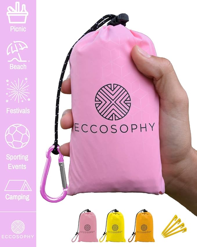 ECCOSOPHY Sand Proof Beach Blanket - Waterproof Picnic Blanket 60x55 Outdoor Compact Pocket Blanket Lightweight Ground Cover for Hiking Camping Festivals Sports Travel with Bag &amp Stakes (Pink)