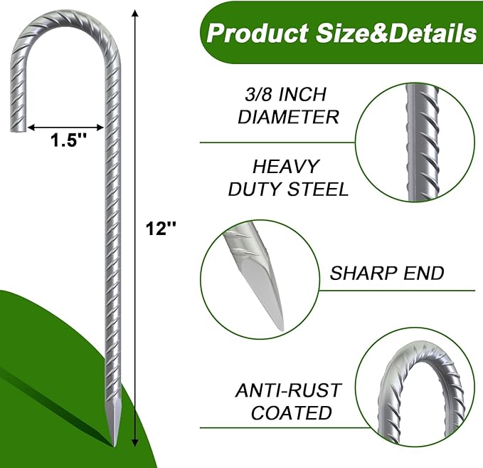 AAGUT Rebar Stakes 12 Inch J Hook Heavy Duty 12 Pack 3/8 Inch Galvanized Metal Steel Ground Anchors Chain Link Fence Stakes for Camping Tent Inflatables Yard Decorations Canopies &amp Swing Sets