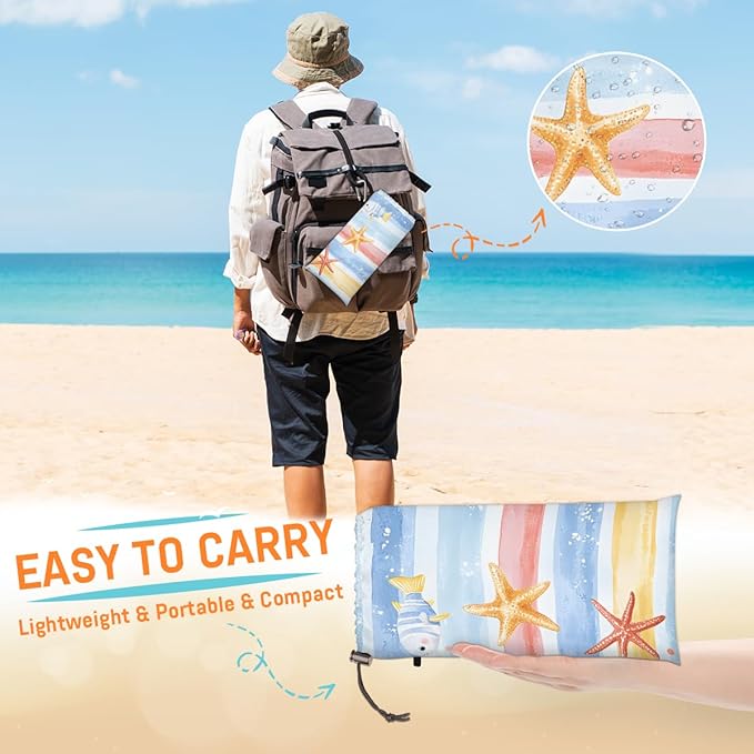 Waterproof Sandproof Beach Blanket 59''×68'' Happy Fish Pattern Polyester Outdoor Picnic Blanket with 4 Stakes &amp Storage Bag for BeachCampingVacation