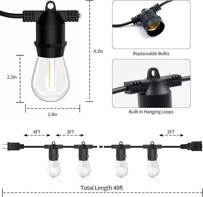 S14 LED Outdoor String Lights IP65 Waterproof 48FT Outside Patio Lights Edison Shatterproof Bulb Vintage Backyard Lights Balcony Deck Garden Lights