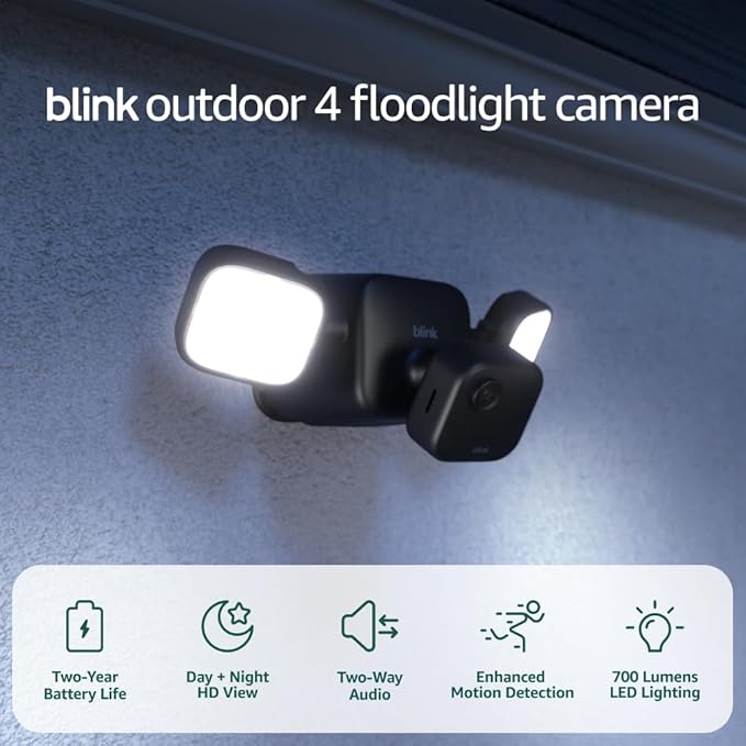 Blink Outdoor 4 Floodlight Camera — Wireless smart security camera 700 lumens two-year battery life enhanced motion detection Sync Module Core included — 1 camera system