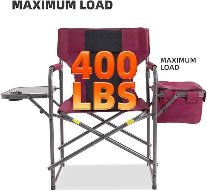Director Camping Chair with Cooler Bag &amp Foldable Side Tray - 400lbs Heavy Duty Outdoor Folding Lawn Chair Portable Camp Chair for Backyard Fishing Beach (Red)