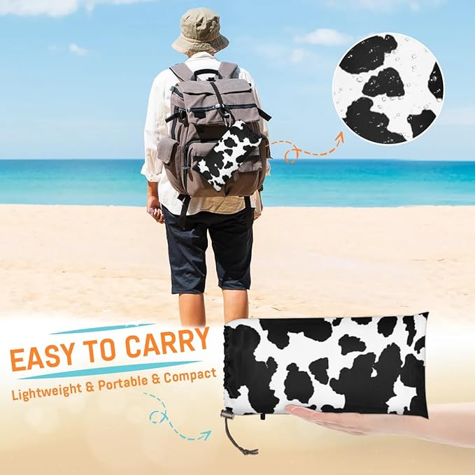 Cow Print Lightweight Beach Blanket Waterproof Sandproof 59X68 Sand Free Beach Mat with 4 Stakes Compact Outdoor Blanket for Beach Quick Drying Picnic Mat for Travel Camping