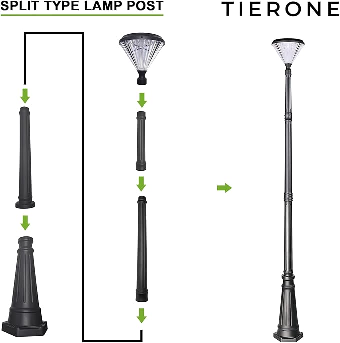 TIERONE 7.2FT LED Post Solar Light Dusk to Dawn Landscape Pathway 1-Head Pole Light IP65 Waterproof 3000K Warm White Outdoor Street Lights for Lawn Patio Yard Pathway Garden
