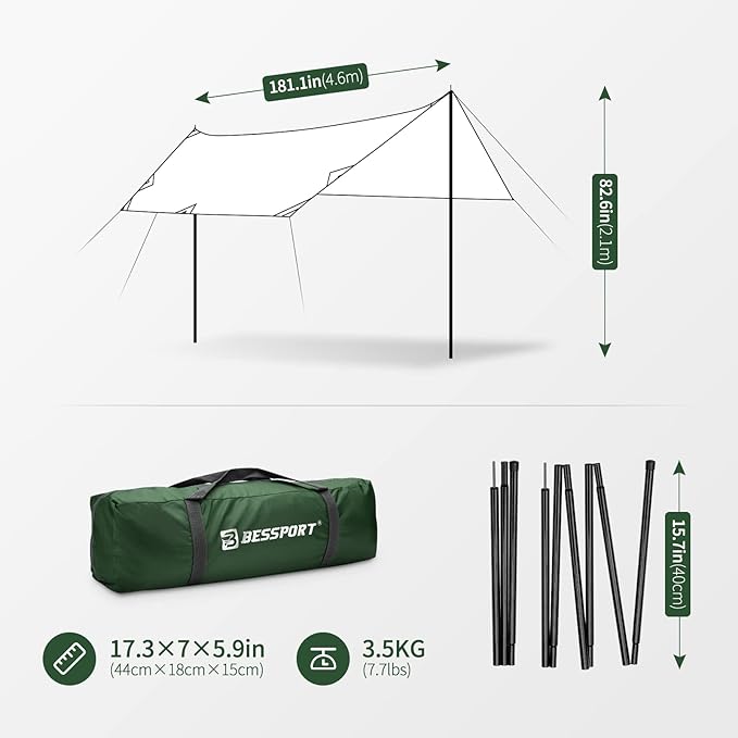 Bessport Camping Tarp 16×9.8FT with 2 Poles Lightweight Car Awning Sunshade Portable Multifunctional Backpacking PU 3000mm Waterproof Rain Fly Hammock Tarp for OutdoorTraveling Hilking