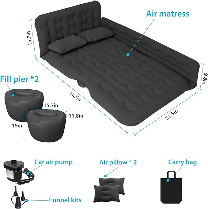 ISWEES Car Bed SUV Air Mattress Car Air Mattress with Electric Pump 2 Inflatable Pillows and 2 Footrests for Back Seat Side SeatTrunk Sleeping Thickened Camping Bed - Black