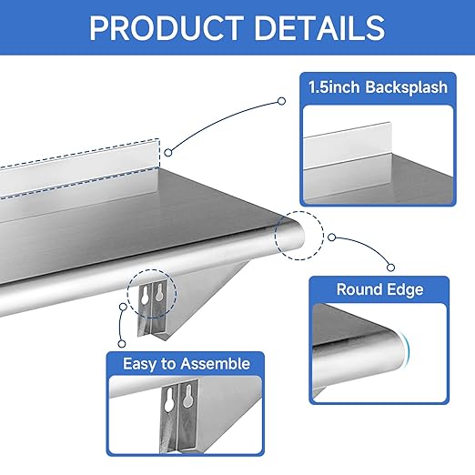 ROCKPOINT Stainless Steel Shelf 10 x 24 Inches 210lb 2 Pack NSF Metal Commercial Shelves Wall Mount Floating Shelving with Backsplash for Restaurant Kitchen Home and Hotel Silver