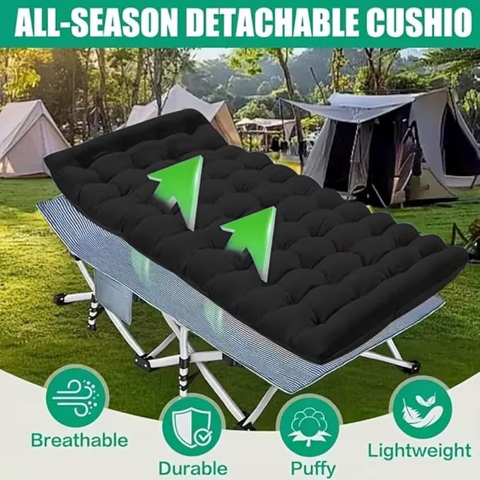 1200D Oxford Canvas Folding Camping Bed Adult Soft Foam Mat and Carrying Bag - Double Deck PortableOutdoor Folding Chair with MattressCamping Equipment (Grey-660(with Disposable Sheet))
