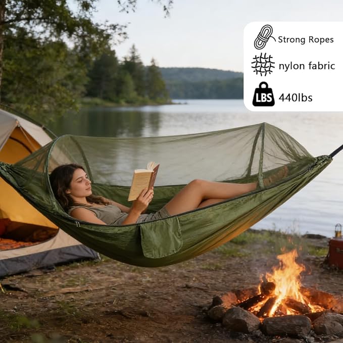 Camping Hammock with Mosquito Net - Double &amp Single Portable Hammocks with 2 Tree Straps Lightweight Hammock Tent for Outdoor Camping Hiking Backpacking Beach &amp Backyard (Army Green)