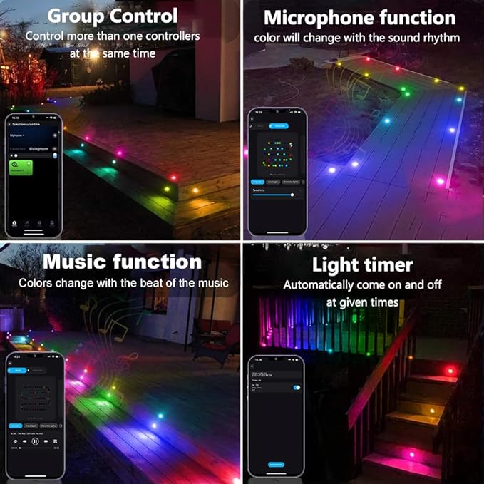 Sumaote LED Deck Lights Kit 6Pack 1.22 Low Voltage WiFi RGBW+IC Multicolor Dynamic Recessed Deck Lighting IP67 Waterproof 12V Step Lights for Garden Yard Path Stairs