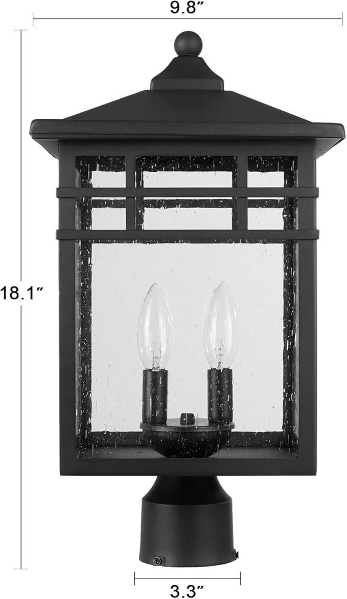 Outdoor Post Light Fixture 2-Light Large Exterior Pillar Lantern with Black Finish &amp Seeded Glass 10 Inch Square Pier Mount Lamp for Garden Backyard Courtyard Patio Deck Pathway Walkway