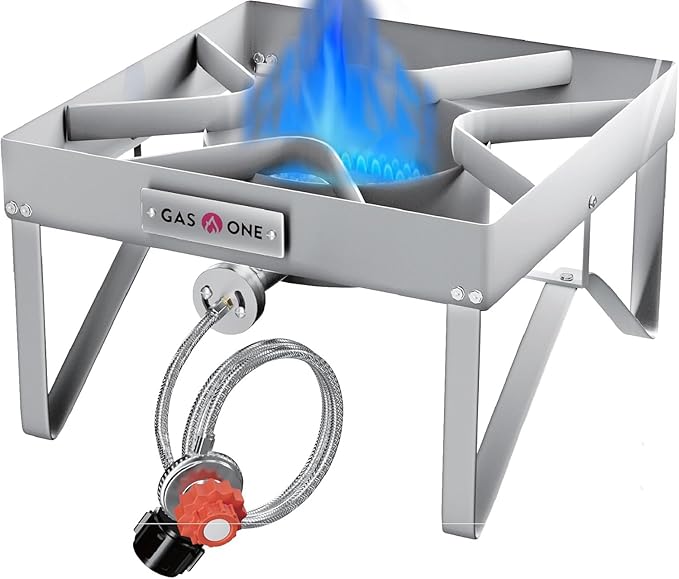 GasOne Stainless Steel Outdoor Propane Burner – High Pressure Camp Stove with Adjustable Regulator &amp Steel-Braided Hose