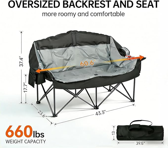 Heavy Duty Double Camping Chair for Adults Oversized 2 Person Camping Loveseat with Thick Padding Folding Outdoor Couch Supports Up to 600 lbs for Family Camping Stargazing Fishing Black &amp Gre
