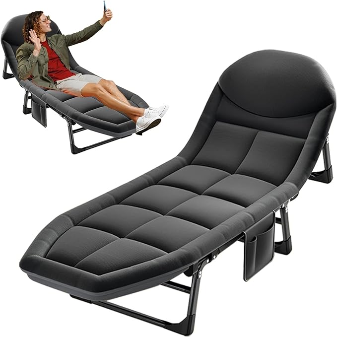 Portable Outdoor Folding Lounge Chair with Adjustable Sleeping Cot Dark Gray Chaise Lounge Chair for Beach Lawn Camping Pool Sun Tanning