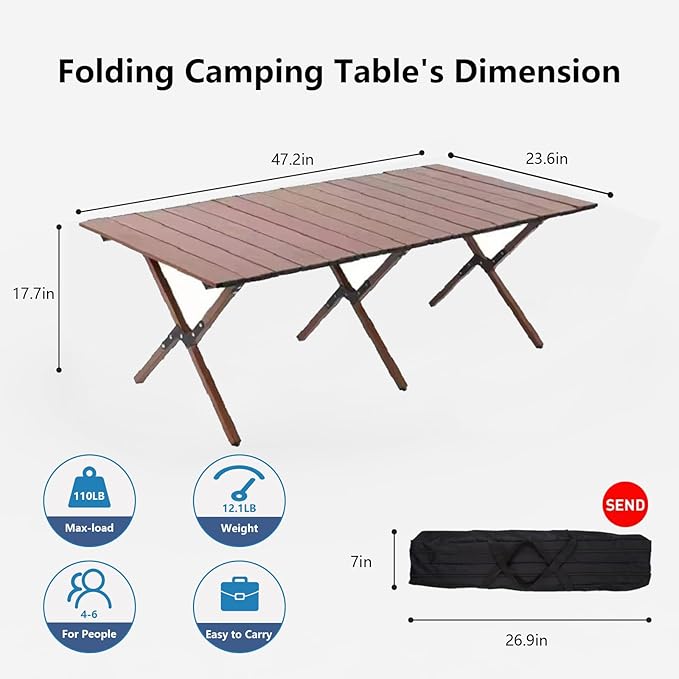 48Inch Folding Camping Table Lightweight Roll-Up Table Aluminum Low Portable Picnic Table with Carrying Bag for Outdoor Beach Picnic Backyards BBQ and Party (Walnut 120CM)
