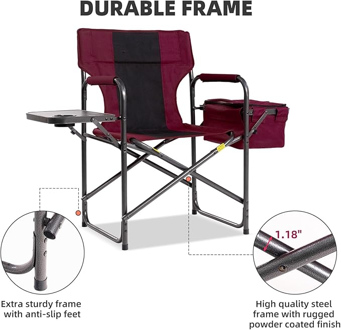 Director Camping Chair with Cooler Bag &amp Foldable Side Tray - 400lbs Heavy Duty Outdoor Folding Lawn Chair Portable Camp Chair for Backyard Fishing Beach (Wine Red)